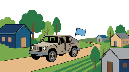 Obraz premium Peacekeeping vehicle with blue flag driving along rural dirt road through quiet village landscape concept of international mission mobility security patrol and peaceful community protection