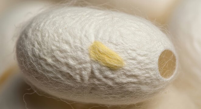 Silkworm cocoon rests on soft raw silk fibers in a detailed macro shot.