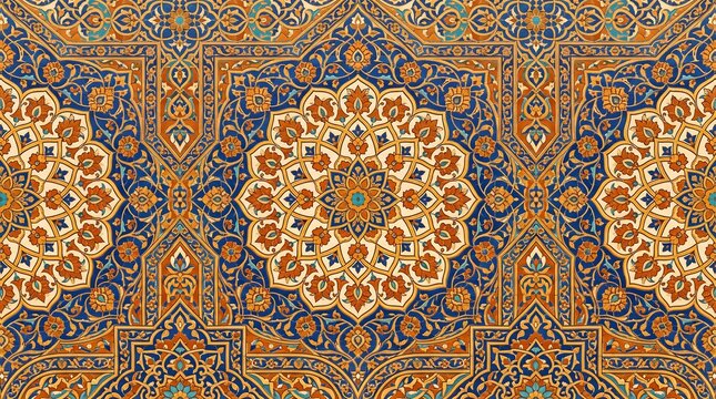 Intricate  floral medallion mosaic pattern for architectural interior wall decoration background, cultural ceramic surfacing, and historic Middle Eastern craft design projects