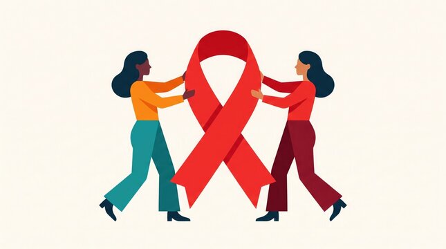 Two women supporting a large red ribbon symbolizing aids awareness and solidarity