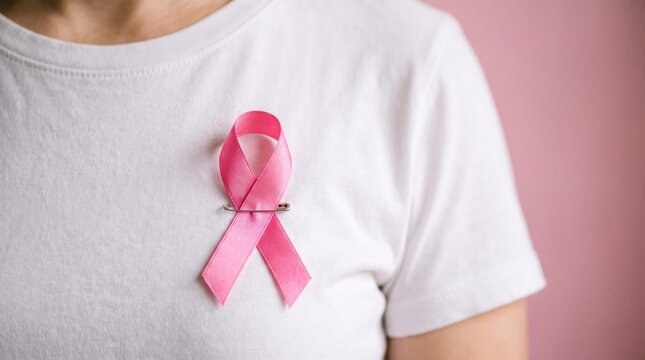 A person wearing a pink ribbon symbolizing support for breast cancer awareness and research