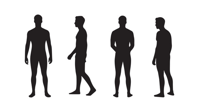 Four Male Body Silhouettes in Different Views Isolated on White Background

Collection of four black male body silhouettes shown from front, side, back and three-quarter views, isolated on a clean whi