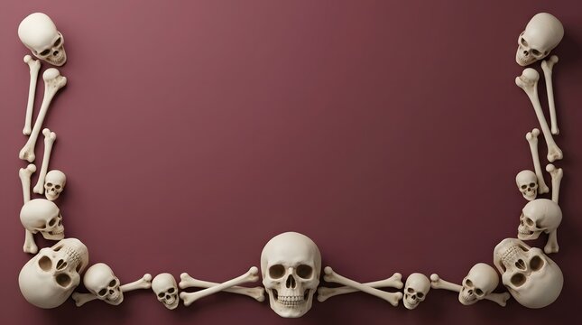 Top view of human skulls and bones arranged as a frame on a dark red background for halloween celebration