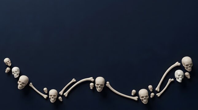 A spooky halloween background featuring a wavy line of human skulls and bones on a dark blue surface