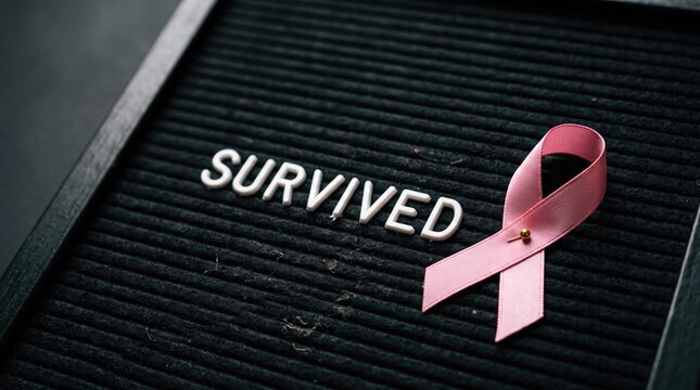 The word survived displayed with a pink ribbon representing breast cancer awareness and hope