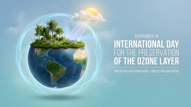 Earth with forest and sun promoting international ozone layer preservation