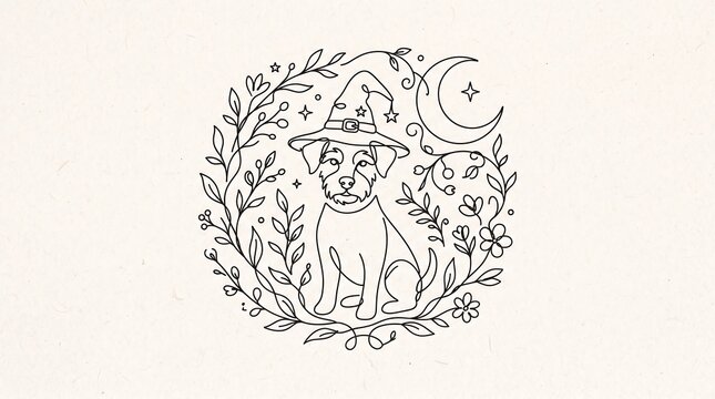 Cute dog wearing a witch hat in a floral wreath line art illustration for Halloween.