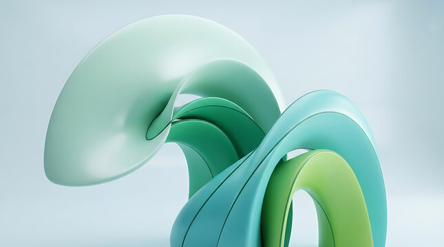 Abstract 3D geometric shapes with soft green curves on a light background
