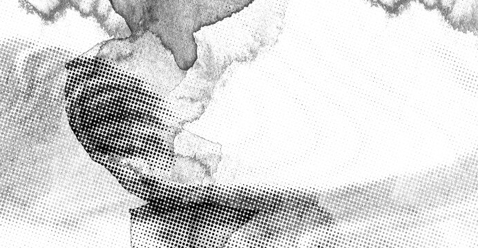 Abstract black and white halftone dot and ink wash grunge texture background
