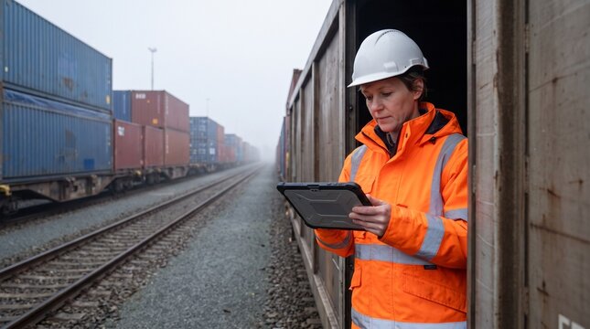 Female railway inspector in safety vest using digital tablet by freight train
