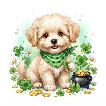 Golden retriever puppy sitting with shamrock bandana and pot of gold for St Patrick's Day celebration