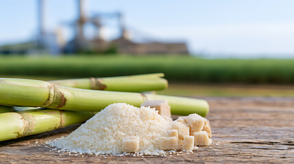Fresh sugarcane stalks, white crystal sugar and brown cubes on rustic wooden surface with blurry industrial sugar mill background outdoors