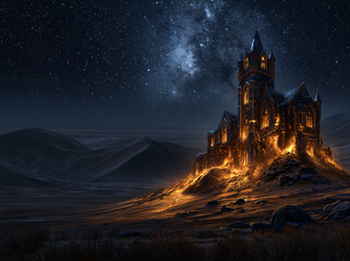 Obraz premium Ancient glowing castle perches atop jagged mountain peak, golden luminous river swirls below, brilliant star‑filled night sky stretches over far‑reaching rolling hills.