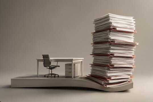 Surreal office desk bending under overwhelming paperwork