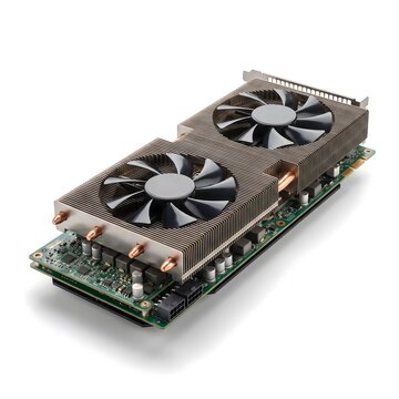 A standalone dual-fan graphics card is displayed against a clean white background. Its exposed circuit board, metal heatsink, cooling fans, and electronic components are clearly visible in a simple pr