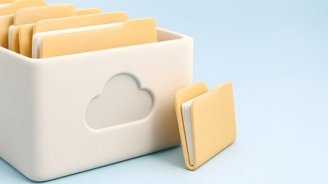 Minimalist 3D white cloud icon carved into beige storage box containing yellow document folders on pastel blue background representing clean cloud storage data backup concept.