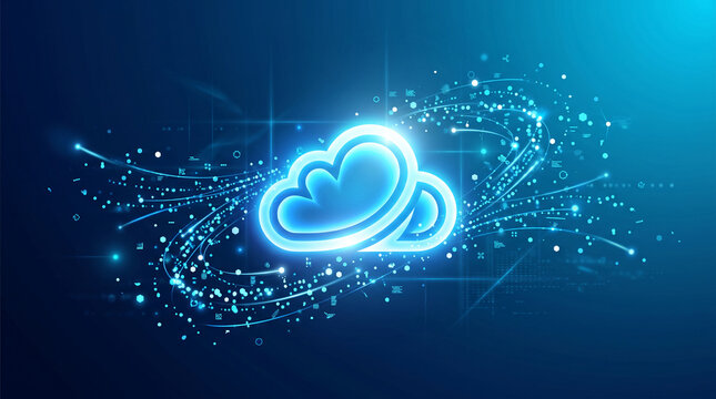 Glowing cloud icon with digital streams and particles on a dark blue background, representing cloud computing, data, and technology.