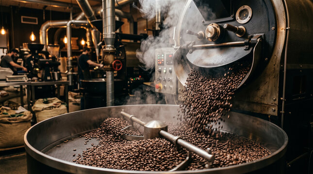 Close up of dark freshly roasted coffee beans pouring in a cascade from vintage industrial coffee roaster machine into large metal cooling tray, with steam rising, burlap sacks
