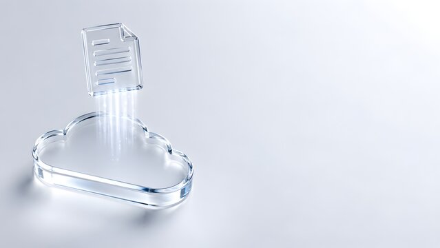 Transparent glass document file icon uploading data streams into 3D glass cloud symbol on white background representing cloud computing digital backup and wireless data transfer.