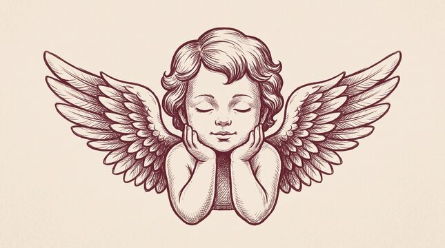 Vintage engraving style illustration of cute sleeping cherub with wings