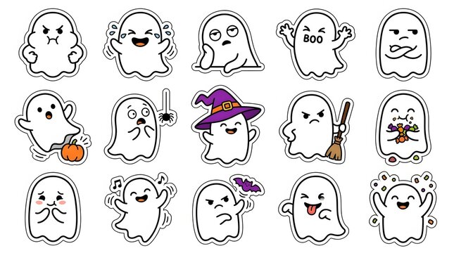 Collection of cartoon ghost faces with various expressions and colorful splatters isolated on transparent background