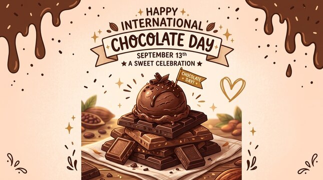 Happy International Chocolate Day celebration with melting chocolate ice cream and festive dessert toppings