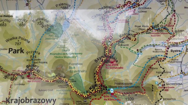 Camera show a detailed topographic map of the Silesian Beskids revealing mountain terrain, trails and geographic details.
