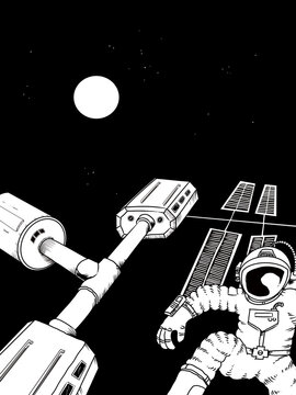A space station with astronauts floating in zero gravity