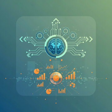 Artificial intelligence brain icon with digital data visualization charts and circuitry symbols representing machine learning technology