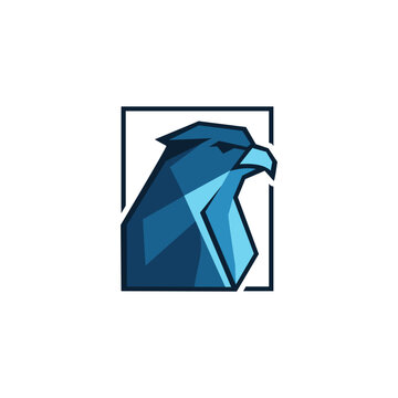 Geometric stylized falcon head vector illustration featuring a modern blue color palette designed within a minimalist rectangular frame concept