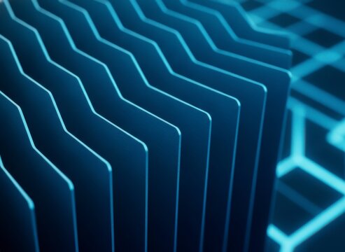 Abstract blue metallic fins with hexagonal grid pattern representing technology and data