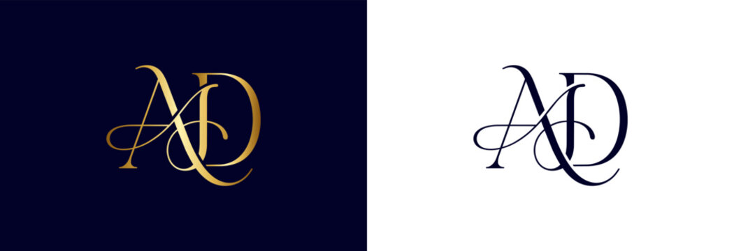 Stylish AD monogram logo using elegant script font in gold and outline versions.