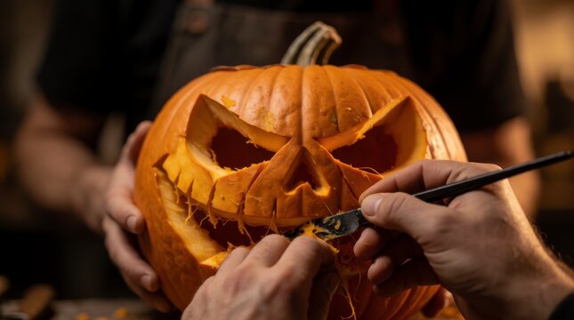 Close-up of hands carving a scary face into a pumpkin for Halloween decoration
