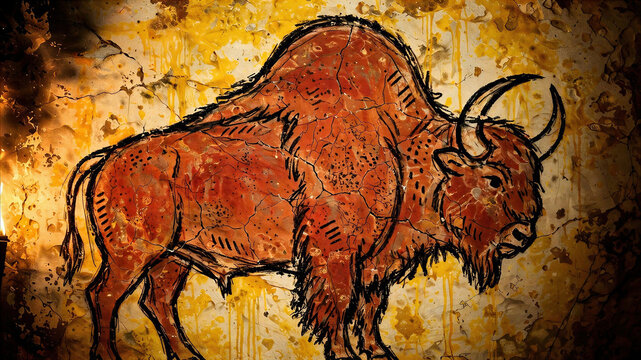 Prehistoric bison illustration on a textured cave wall