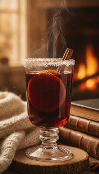 Steaming mulled wine with orange and cinnamon stick by a cozy fireplace