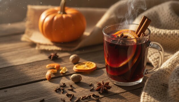 Steaming mulled wine with orange, cinnamon, and star anise on a rustic wooden table with a pumpkin and knitted blanket