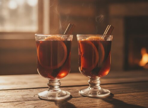 Two steaming glasses of mulled wine with orange slices and cinnamon sticks on a wooden table by a cozy fireplace