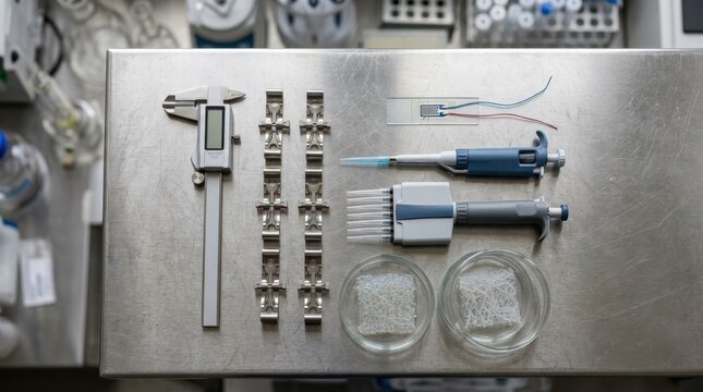 Laboratory tools arranged for tissue scaffold tensile testing with pipettes, petri dish, strain gauge, calipers and stainless steel workbench.