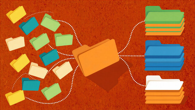 Colorful illustration of organizing documents into folders