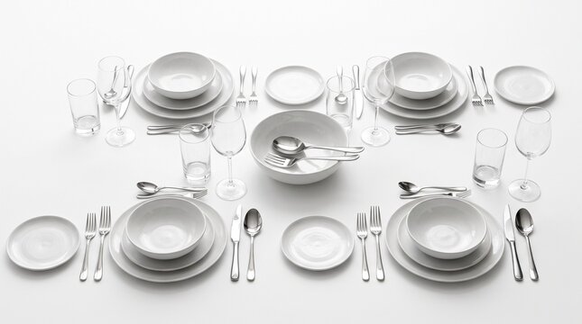 Minimalist white dinnerware set for four people. Elegant porcelain plates and bowls with silver cutlery. Modern table setting for fine dining.