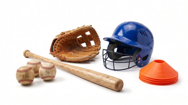 Baseball equipment set with wooden bat and leather glove. Blue batting helmet with face guard, balls and orange training cones. isolated on White Background