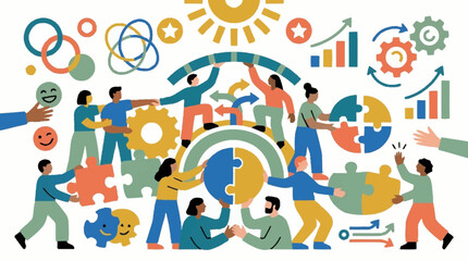 Fototapeta premium Teamwork and collaboration concept with puzzle pieces and gears.