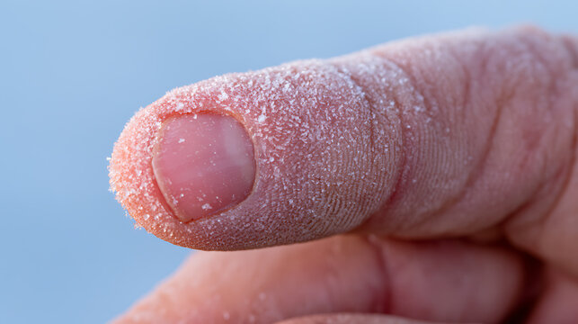 Extreme cold weather frostbite risk with human thumb covered in ice crystals and snow flake texture for medical and safety health alert