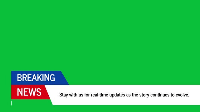 Breaking news lower third banner animation on a green screen, chroma key broadcast template for TV and video, 4K