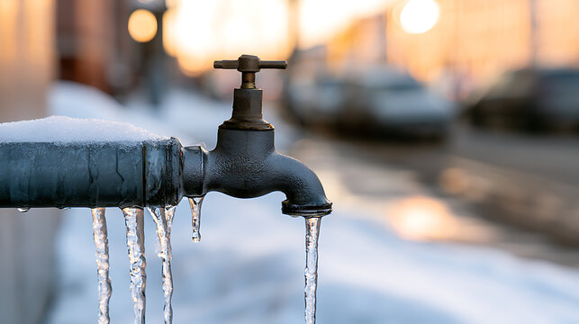 Frozen metal water tap with sharp icicles hanging from pipe outside during cold winter season with snowy street and blurred background view