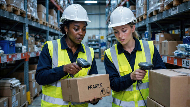 Female warehouse workers scanning a shipping box