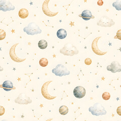 Seamless watercolor celestial pattern with moons, planets, and clouds for nursery decor. © ADEEL