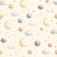 Seamless watercolor celestial pattern with moons, planets, and clouds for nursery decor. © ADEEL