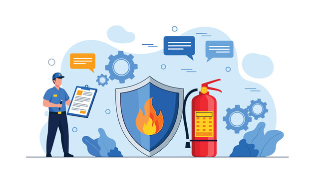 Fire safety inspector holding a checklist next to a security shield with fire flame and a red fire extinguisher.