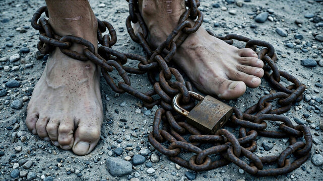 Bare feet bound with chains and a padlock on rocky ground